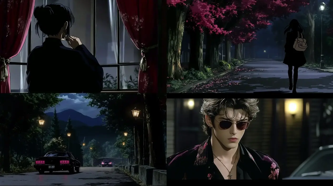 Nocturnal Elegance with a Hint of Melancholy Across Neo-noir Anime Scenes - Midjourney sref style