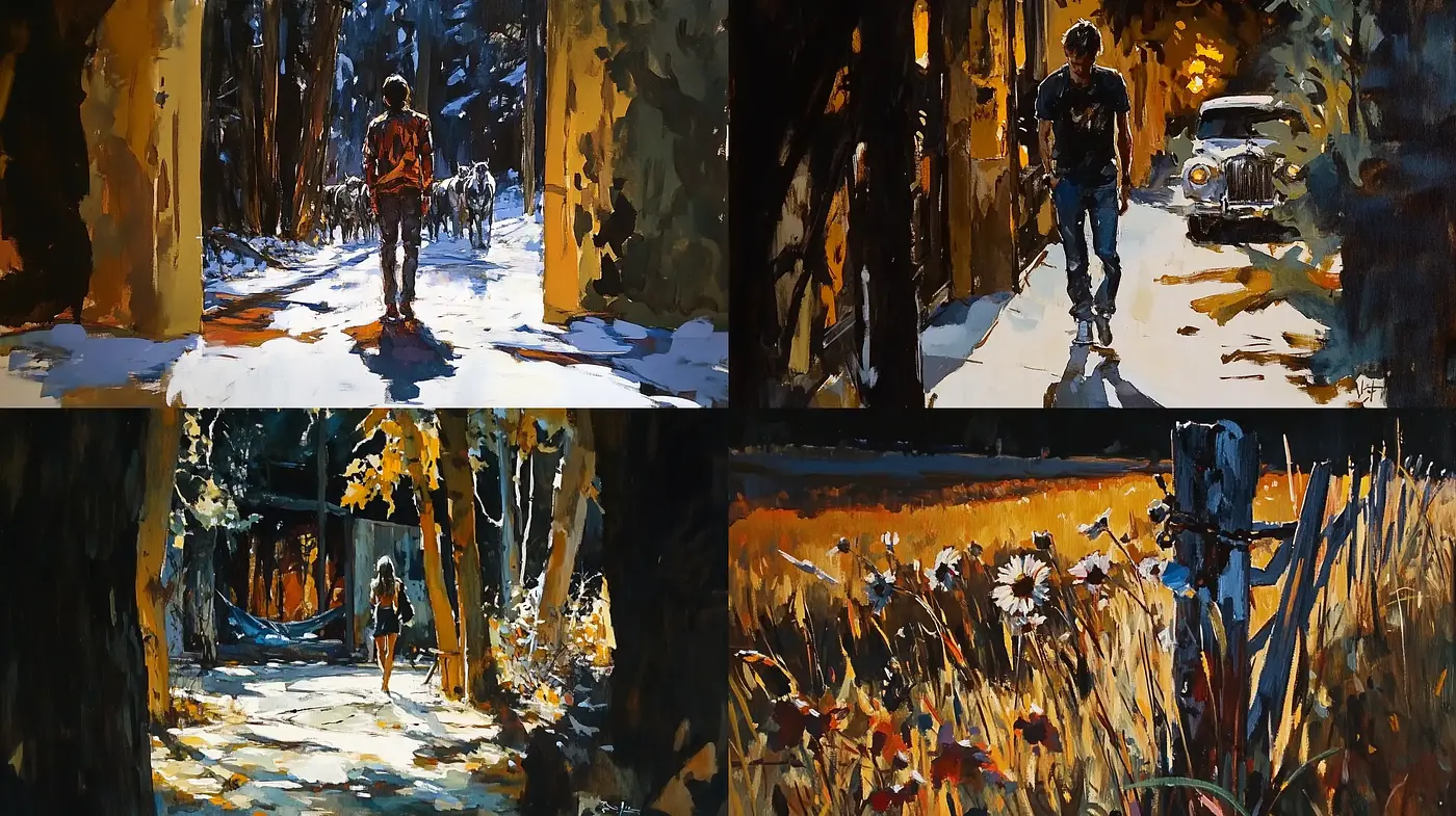 Luminous Twilight: A Consistent Oeuvre of Chiaroscuro and Expressive Impasto - Midjourney sref style