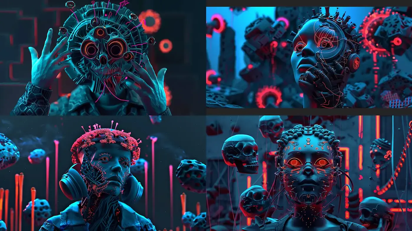 Futuristic Cybernetic Aesthetics with Neon Influences and Surrealistic Elements - Midjourney sref style