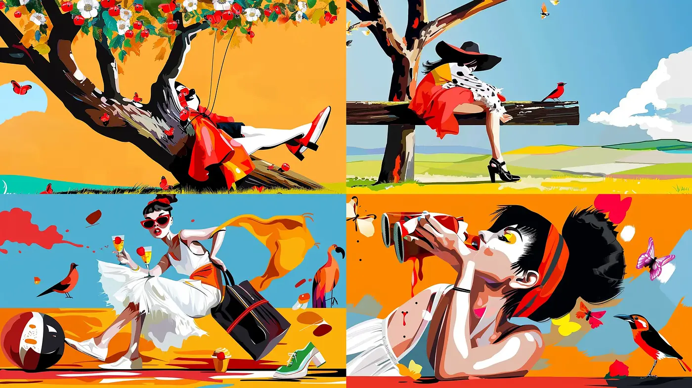 Vivid Chromatic Narratives: A Fusion of Bold Colors and Expressive Pop Art Elements - Midjourney sref style