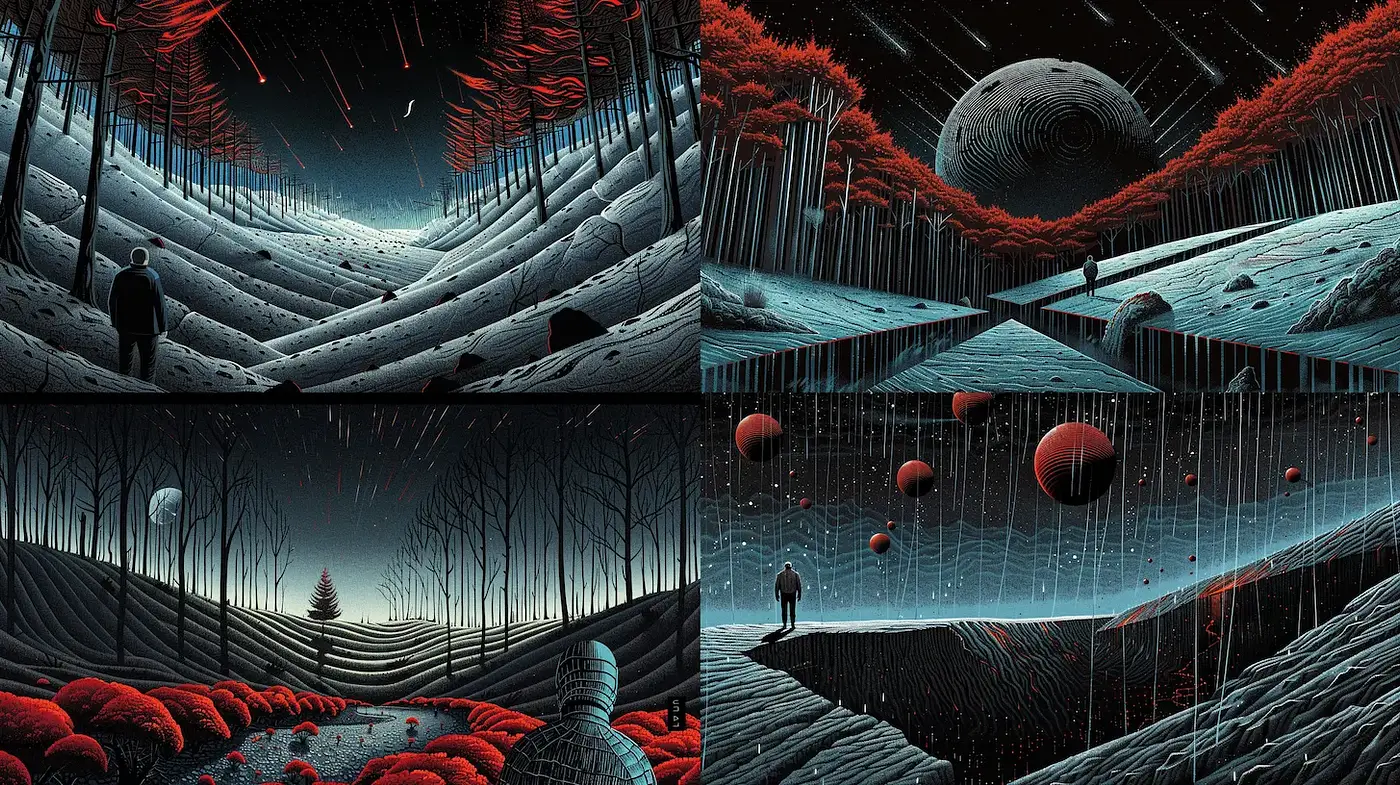 Futuristic landscapes with surreal elements and a cosmic vibe - Midjourney sref style