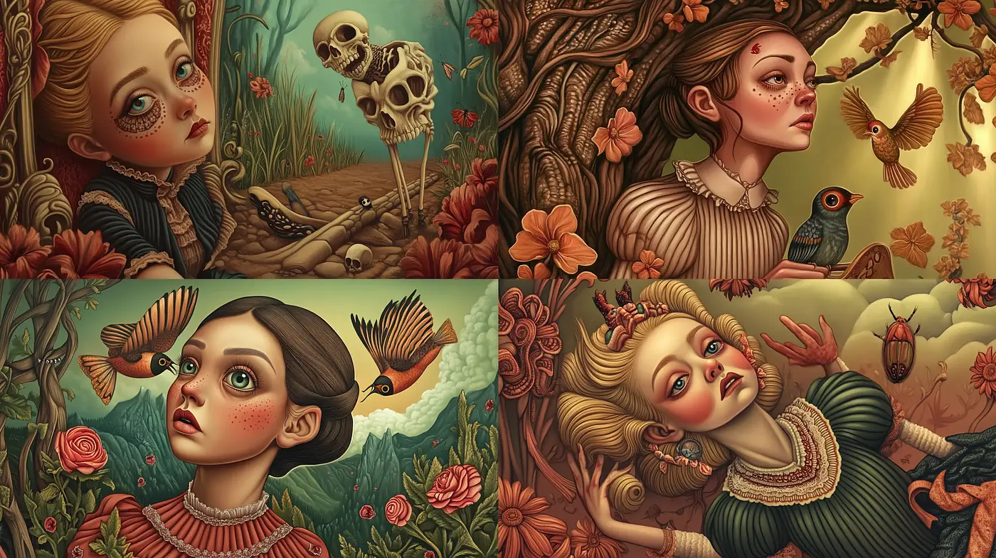 Enchanted Autumnal Reverie: A Fusion of Surrealism and Renaissance Inflected Portraiture - Midjourney sref style