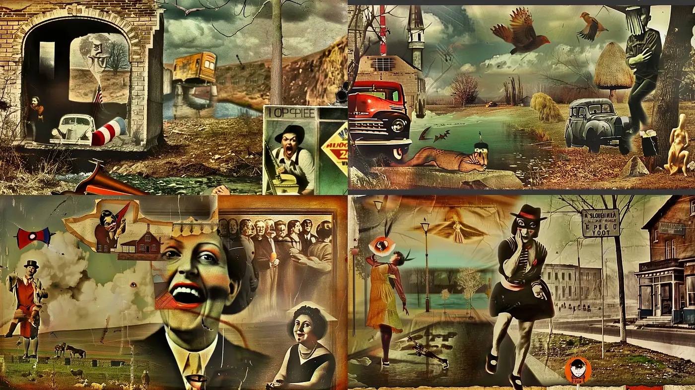 Surreal Dystopian Collage with Vintage Undertones - Midjourney sref style