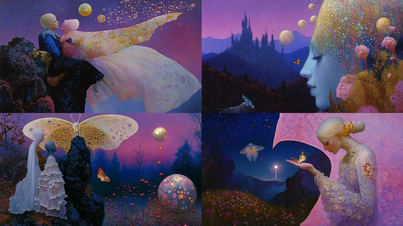 Enchanted Nocturne Dreamscape with Ethereal Overtones - Midjourney sref style
