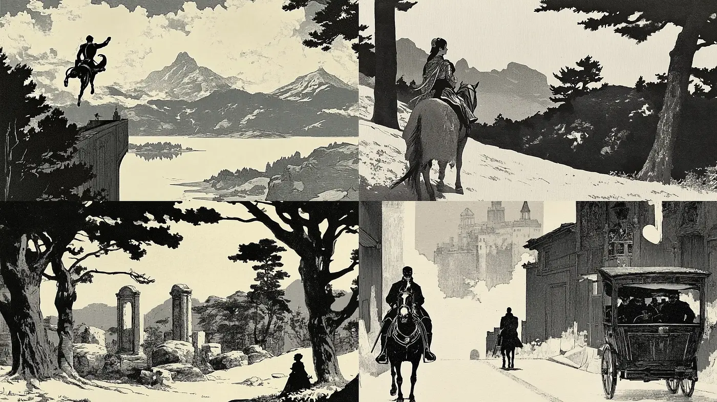Elegant Monochromatic Vignettes of Historical Adventure - Midjourney sref style