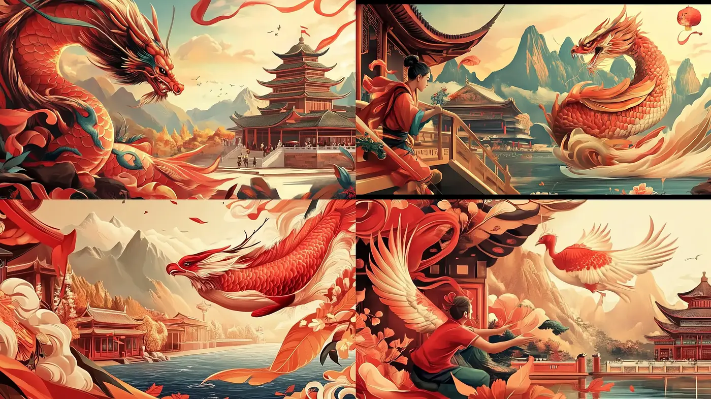 Mythical Serenity: A Fusion of Traditional Asian Art and Modern Digital Textures - Midjourney sref style