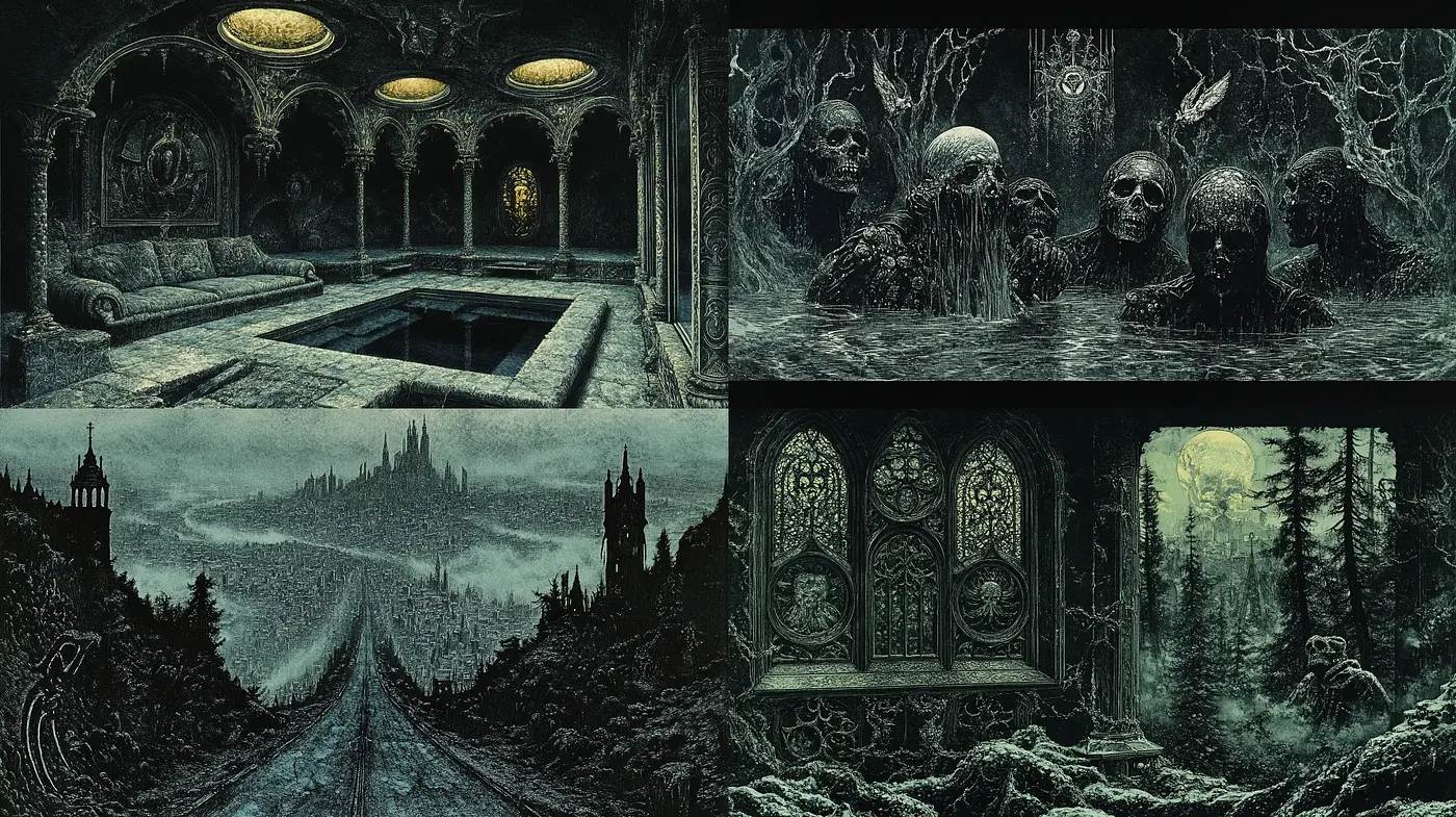 Eerie Gothic Fantasy with a Haunting Dark Green Aesthetic - Midjourney sref style