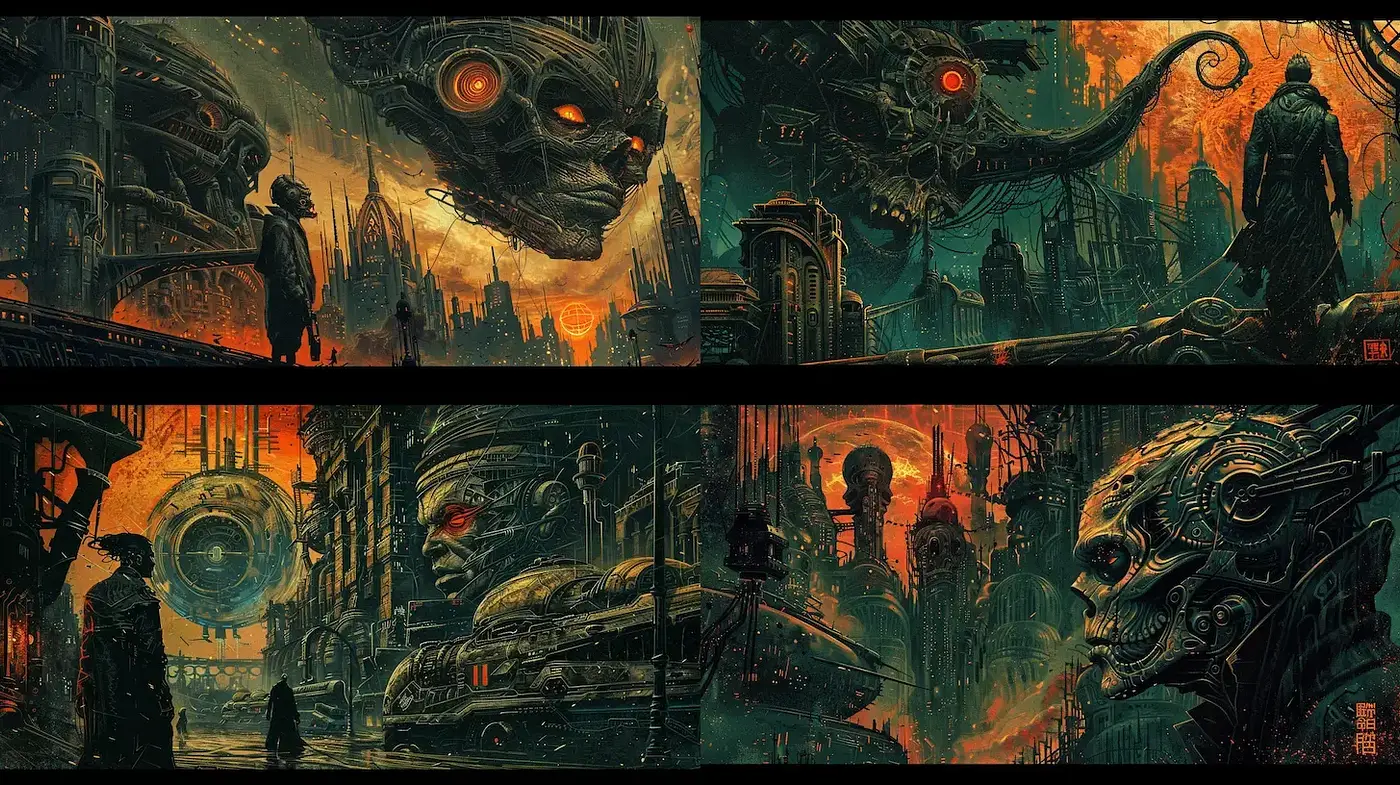 Dystopian Mechanized Worlds: A Fusion of Dark Sci-Fi and Intricate Detailing - Midjourney sref style