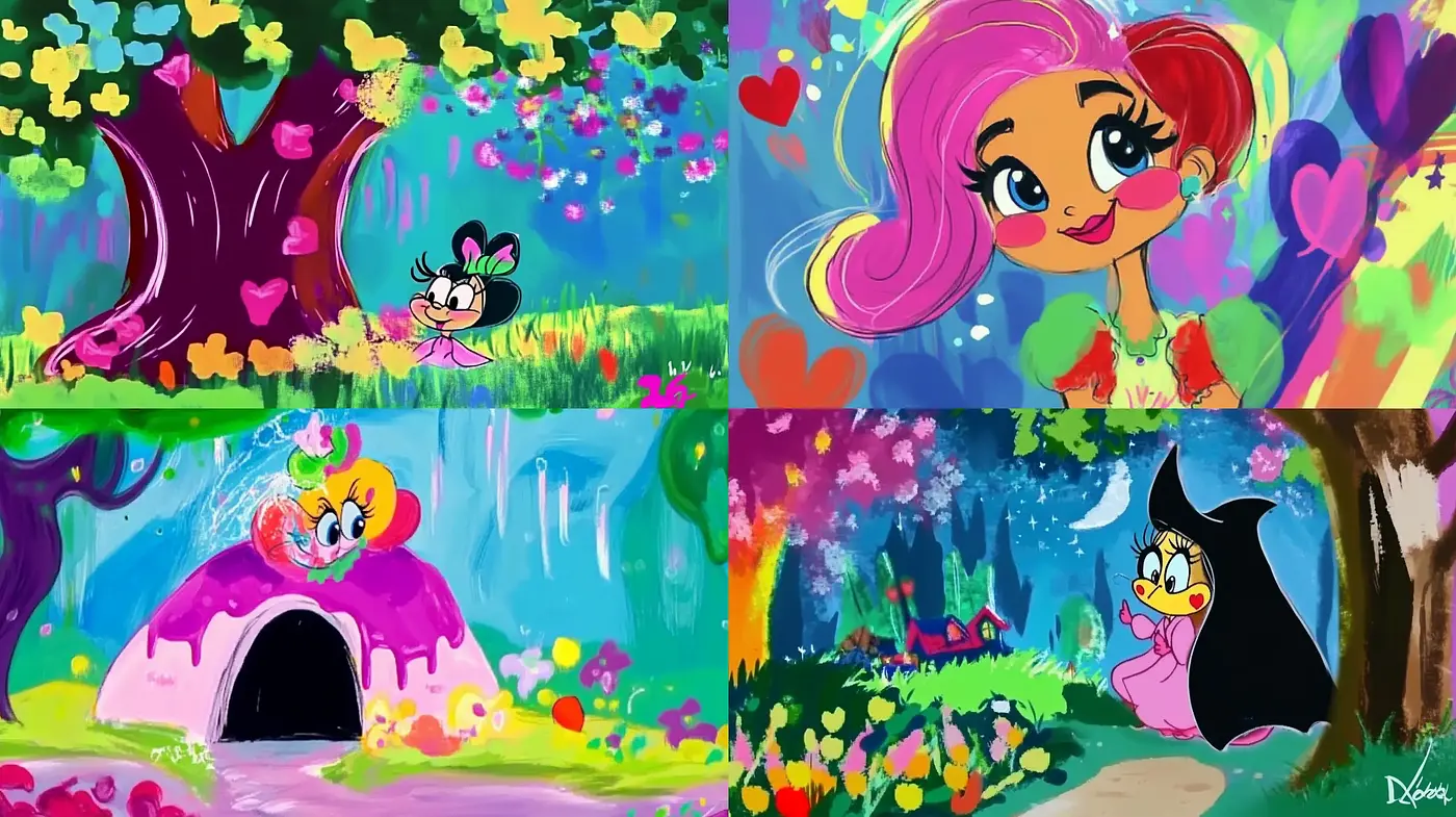 Enchanted Whimsicality: Vivid Hues Meet Cartoon Exuberance - Midjourney sref style