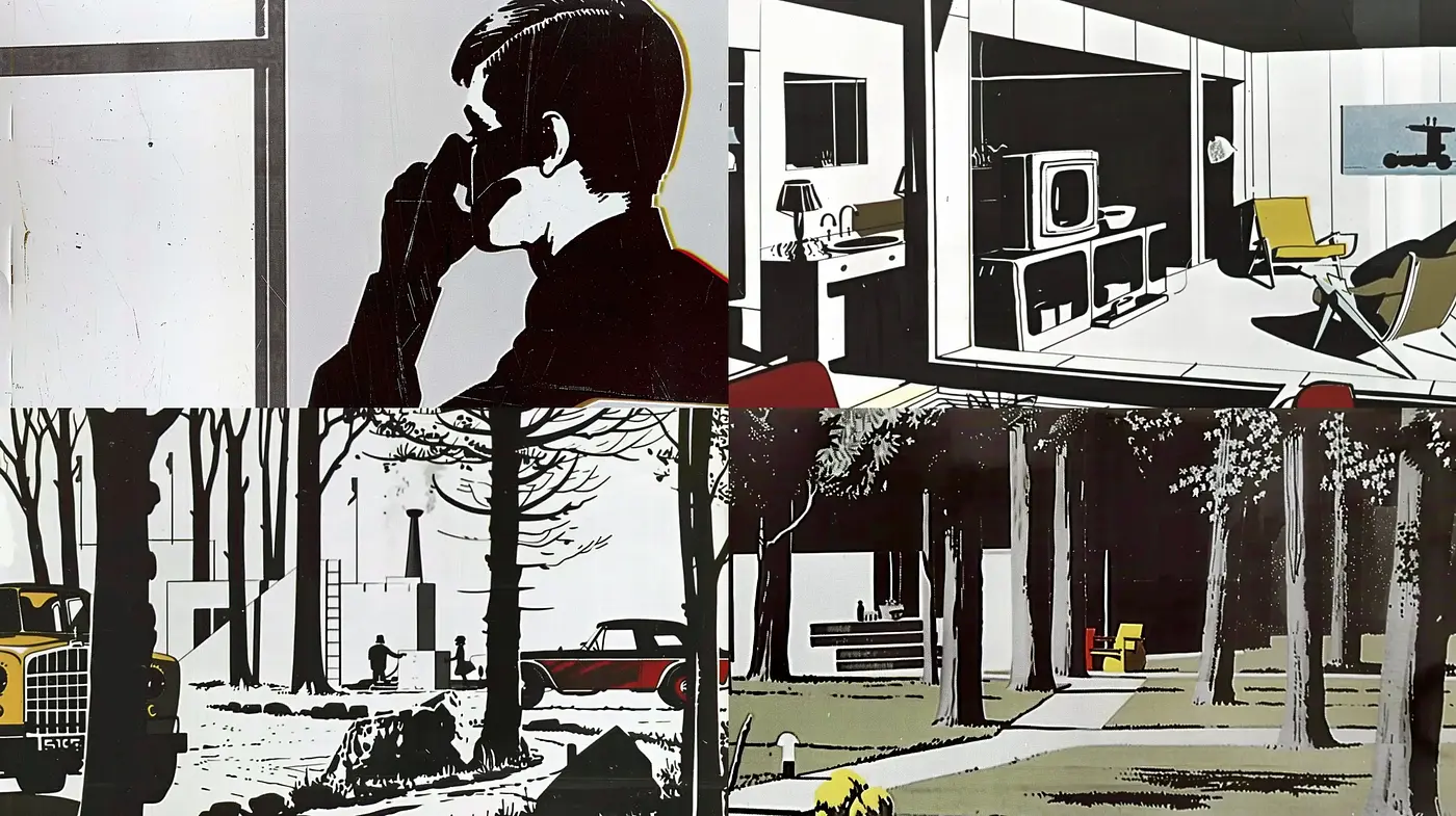Stylized Monochromatic Nostalgia with Pops of Color - Midjourney sref style