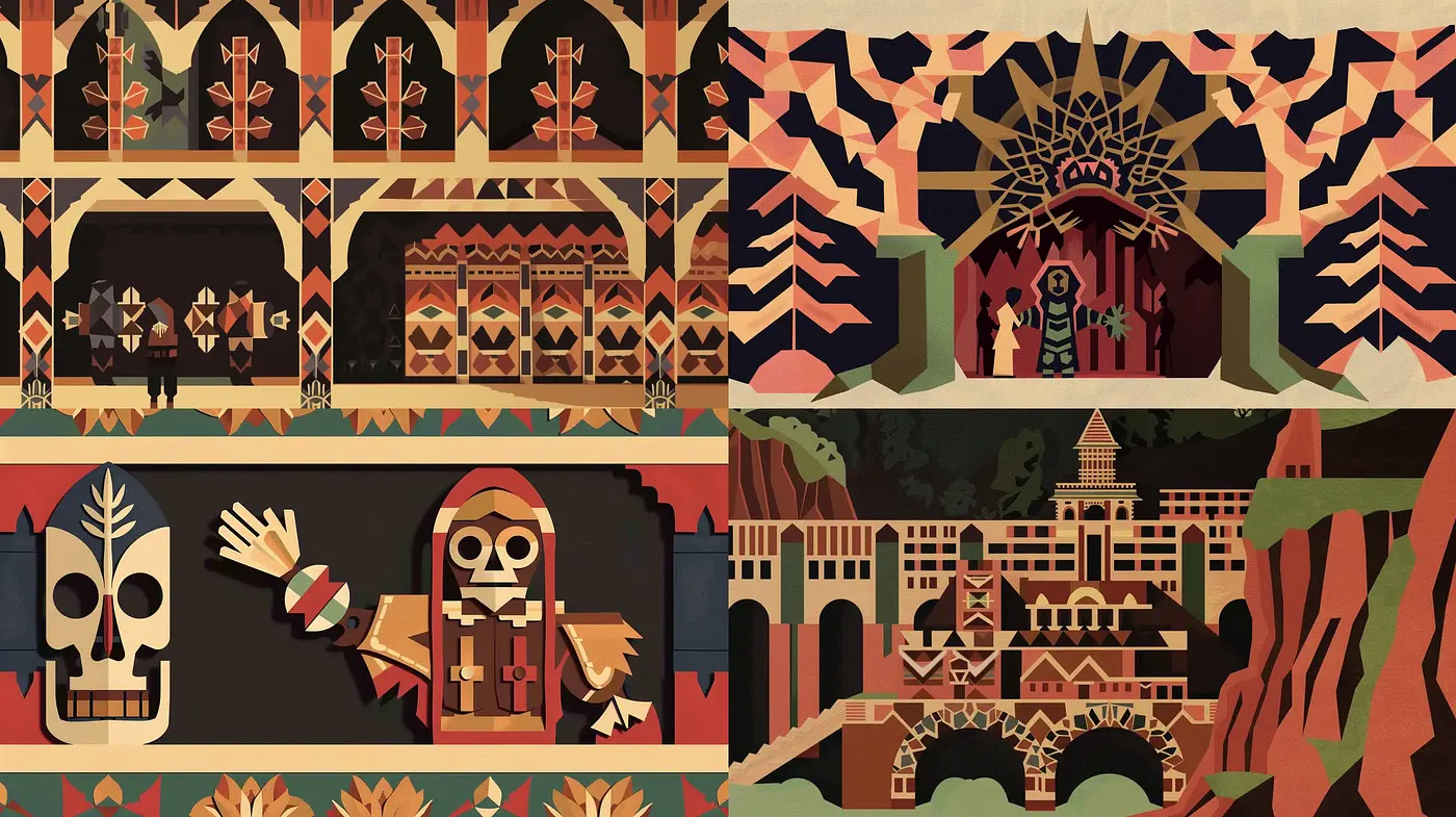 Stylized Mosaic Narratives with Earthy Tonal Harmony - Midjourney sref style