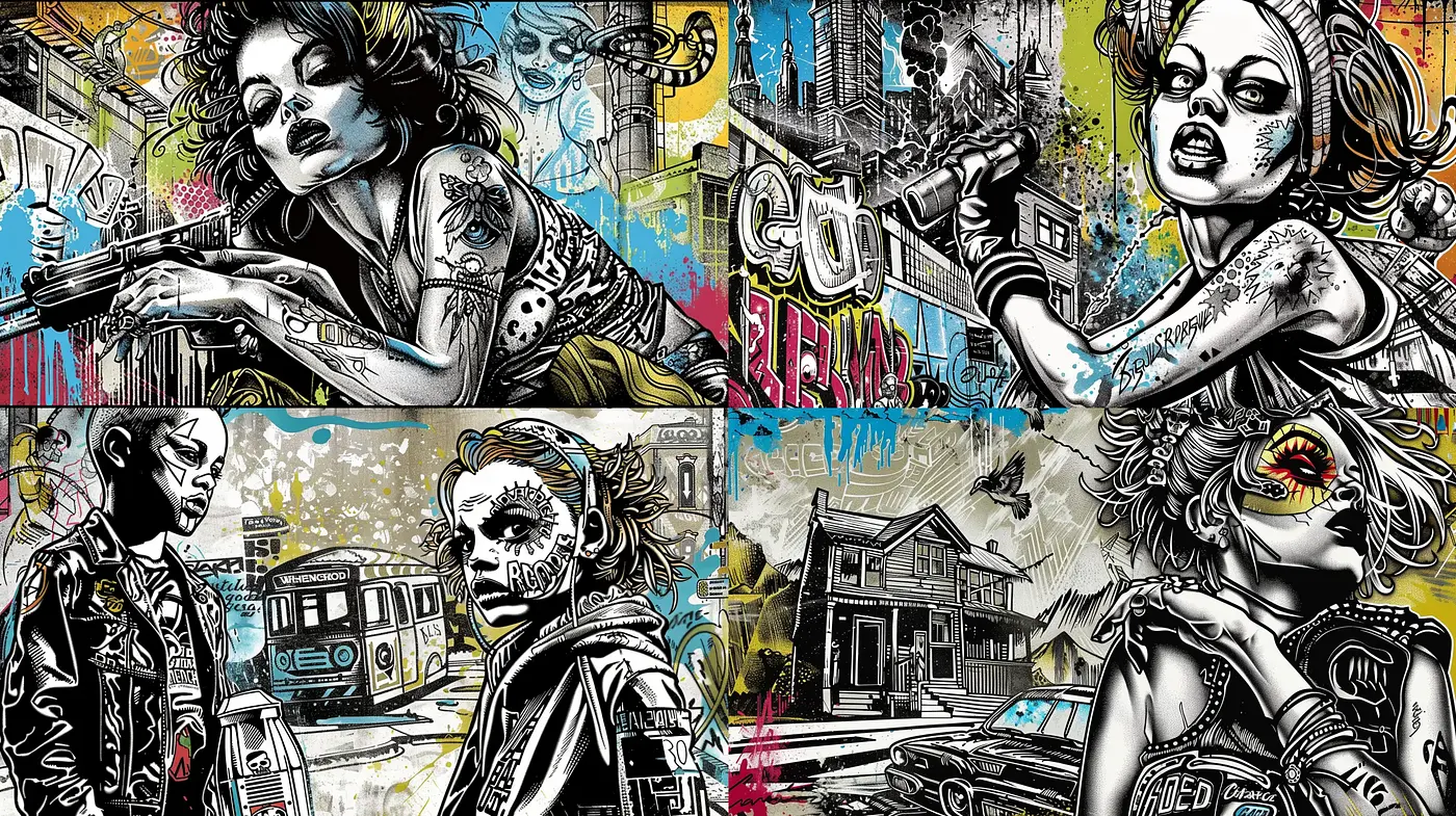 Eclectic Urban Tapestry: A Fusion of Pop Surrealism with Graffiti Art - Midjourney sref style