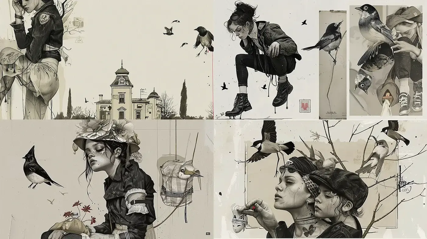Moody, detailed illustrations with a whimsical yet somber quality - Midjourney sref style