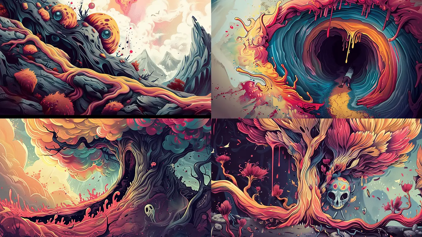Psychedelic Dreamscapes in Vibrant Surrealism - Midjourney sref style