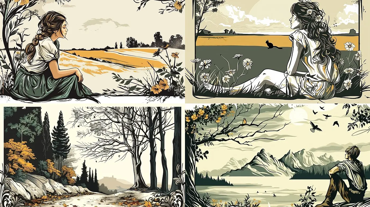 Harmonious Sepia Reverie: A Nostalgic Journey Through Stylized Landscapes - Midjourney sref style