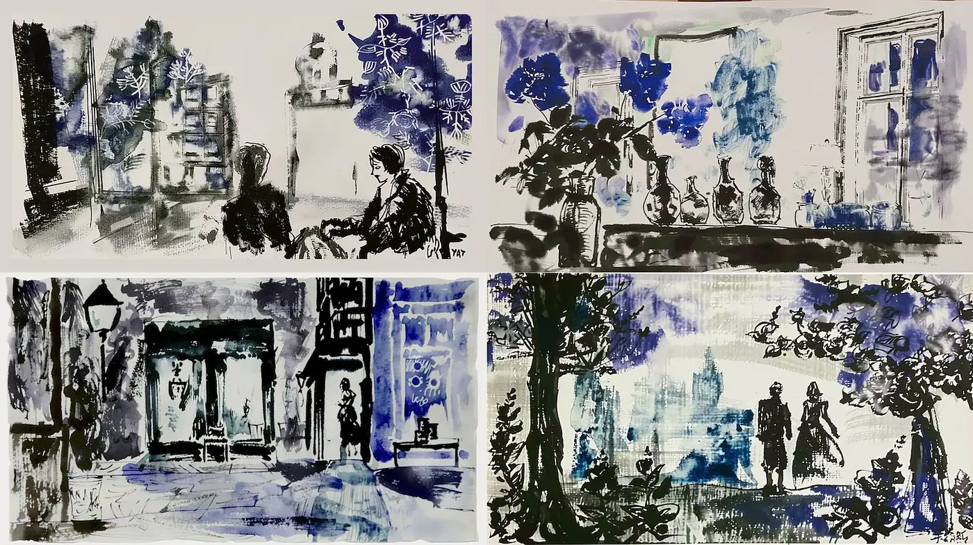 Expressive Blue-Toned Ink Illustrations with a Nostalgic Ambiance - Midjourney sref style