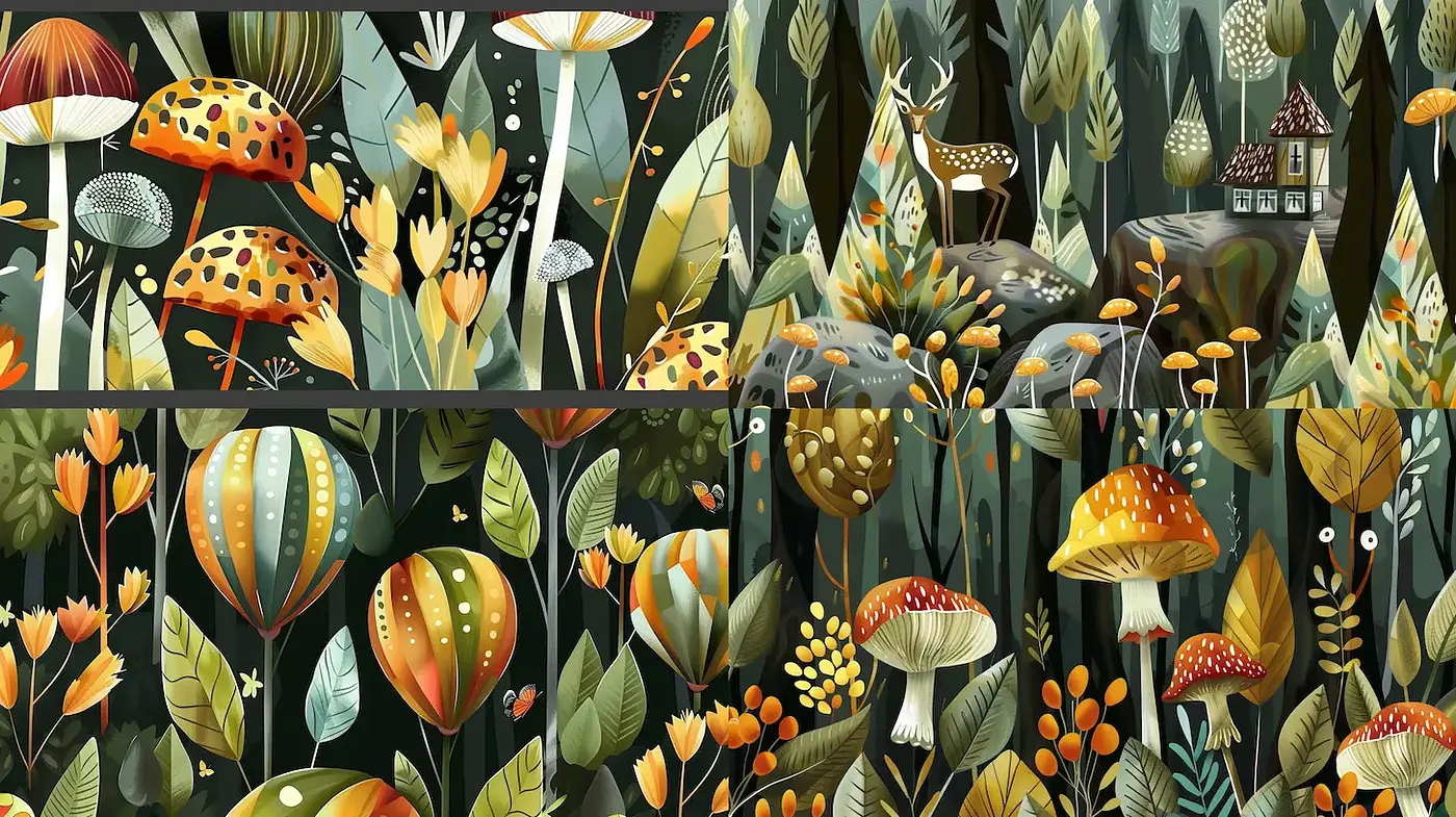 Whimsical Forest Illustration with a Playful Natural Aesthetic - Midjourney sref style