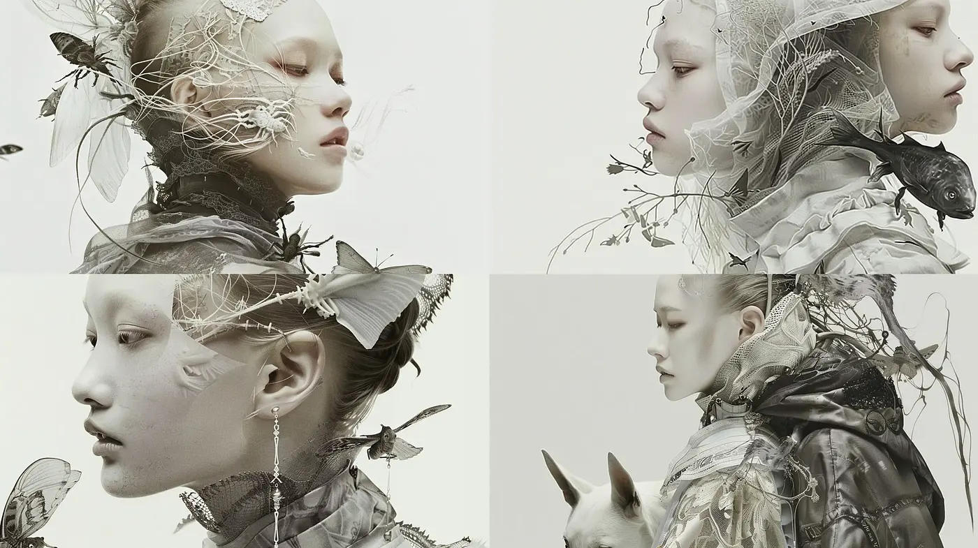 Ethereal Monochrome Portraiture with Surrealist Nature Elements - Midjourney sref style