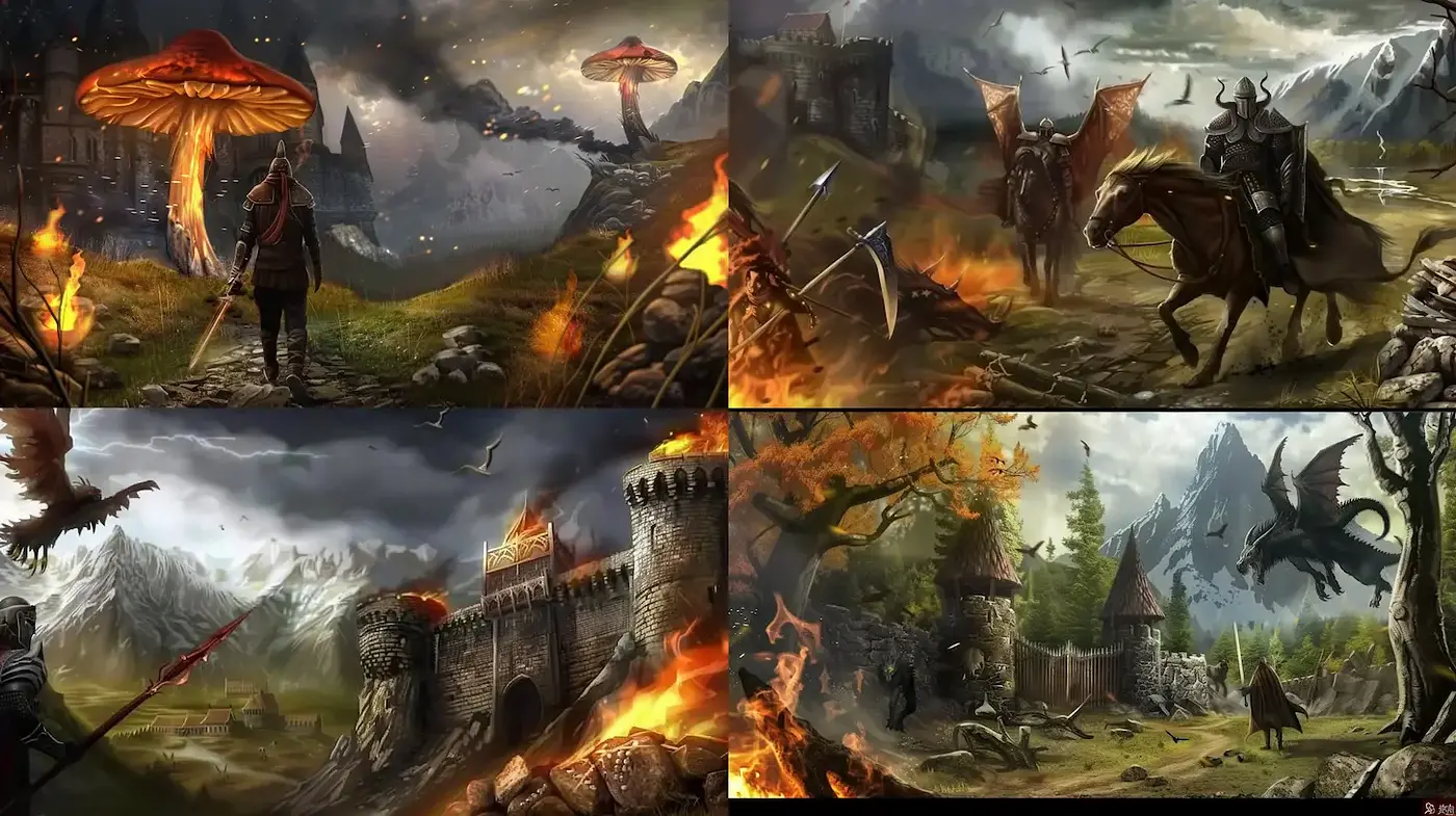 Epic Fantasy Landscapes with Dark, Dramatic Elements - Midjourney sref style