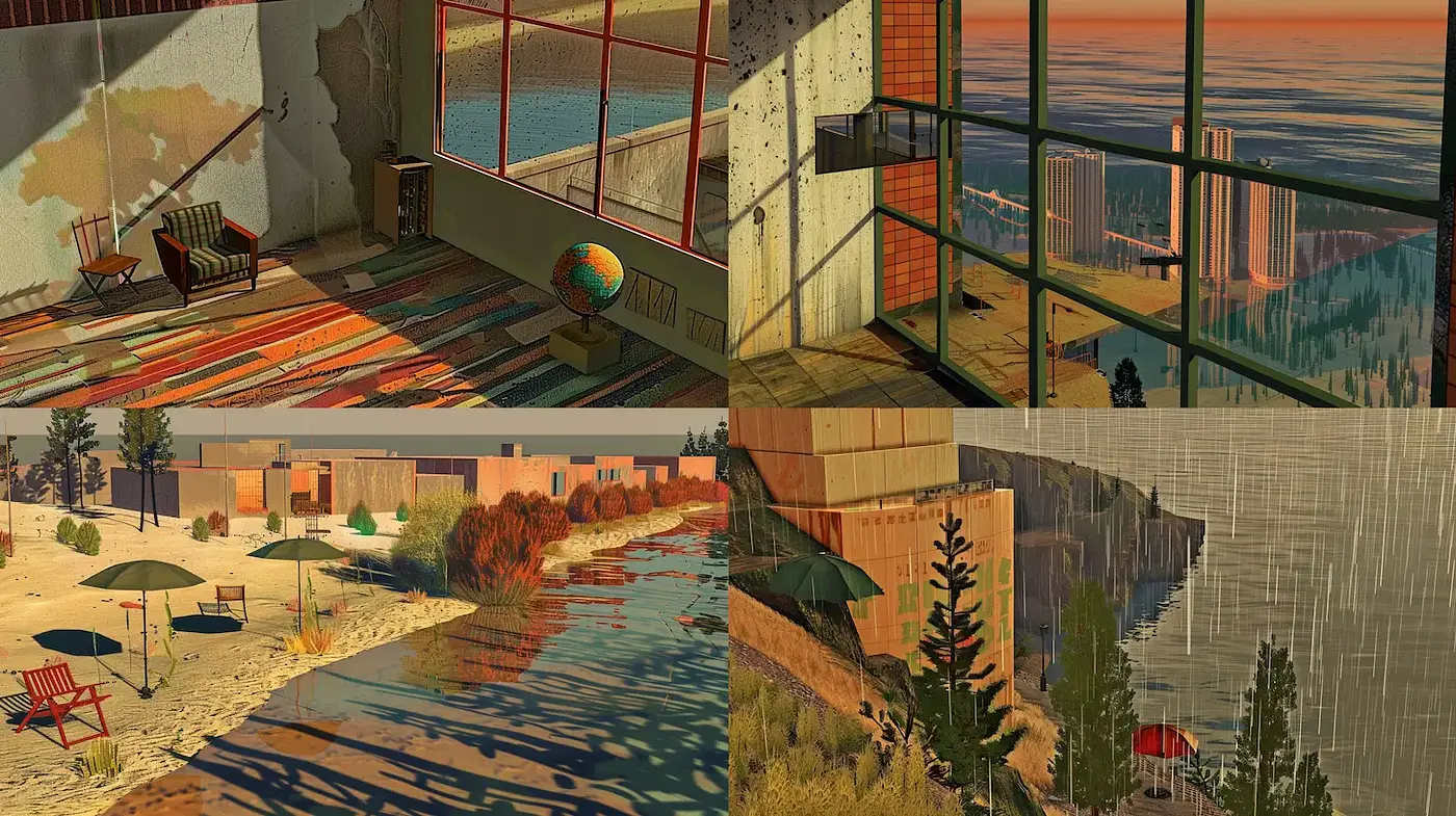 Surrealist Interior and Landscape Compositions with a Vintage Aesthetic - Midjourney sref style