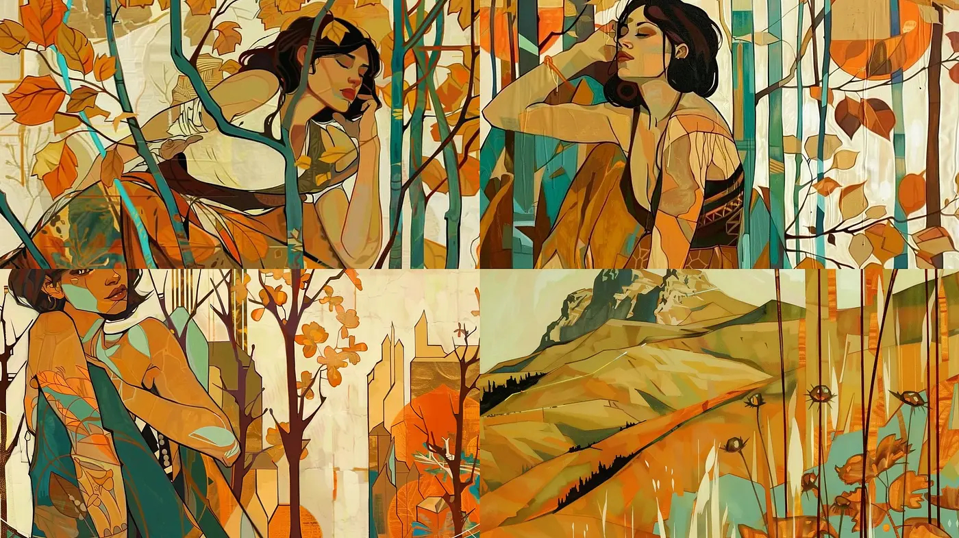 Autumnal Elegance in Stylized Nature: A Harmonious Interplay of Organic Forms and Earthy Tones - Midjourney sref style