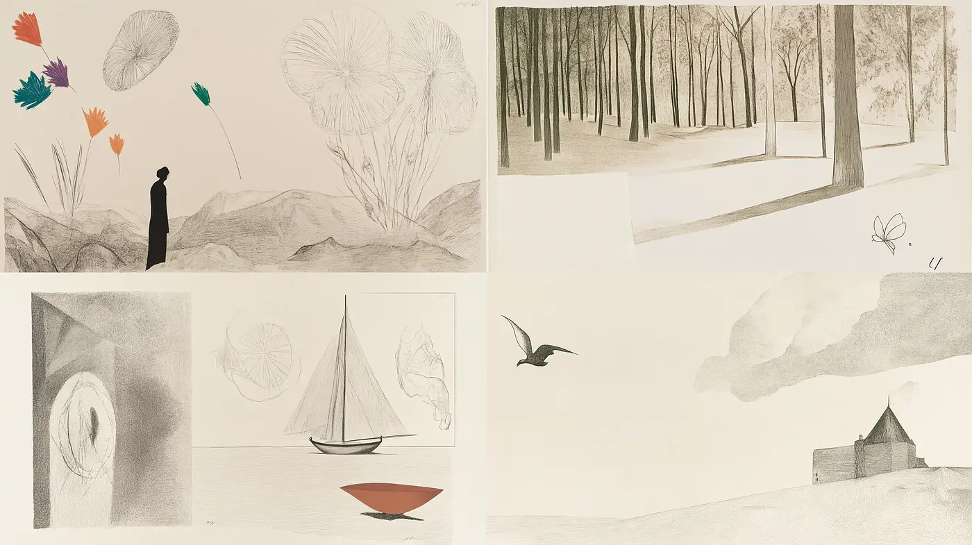 Subdued Dreamscape Etchings in Sepia and Charcoal - Midjourney sref style
