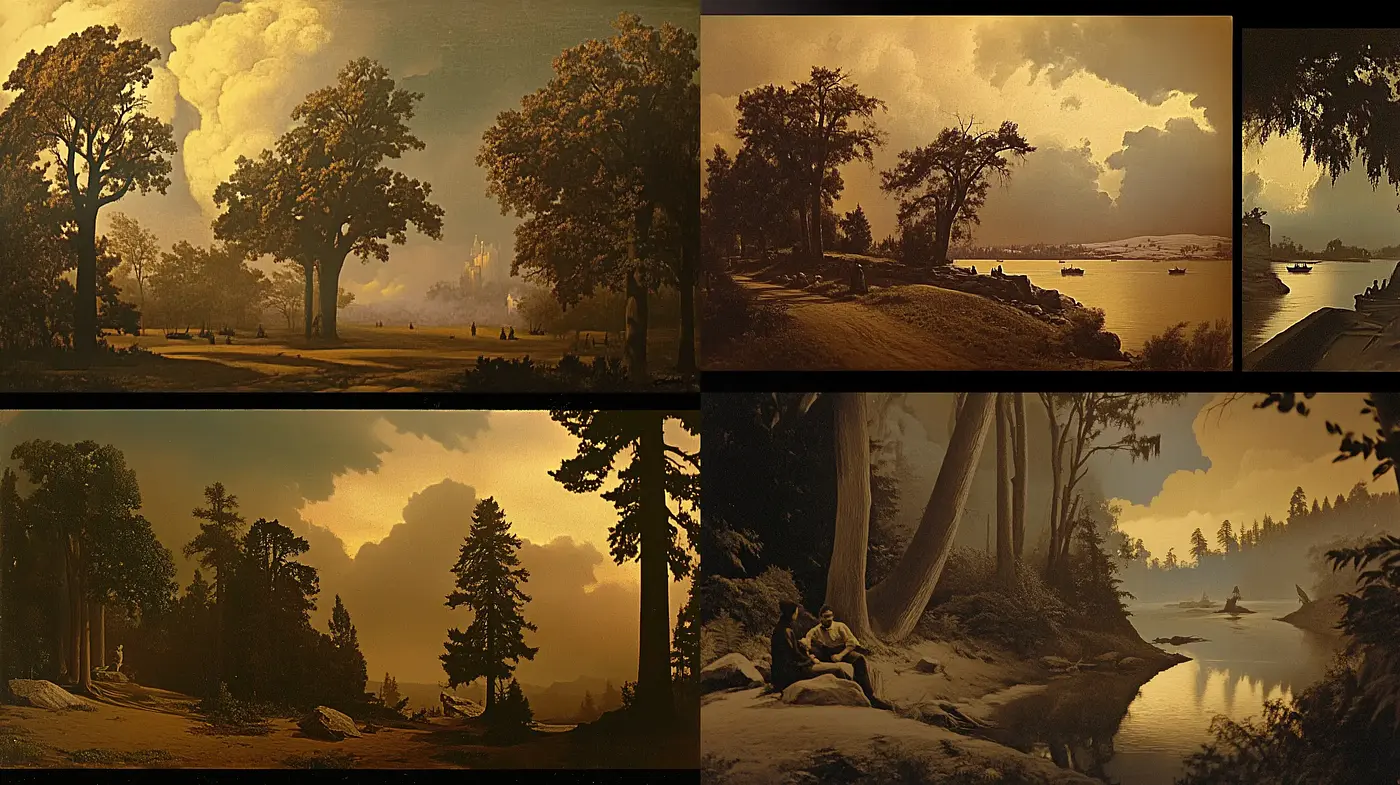 Eternal Dusk: Serene Landscapes in Harmonious Sepia Tones - Midjourney sref style