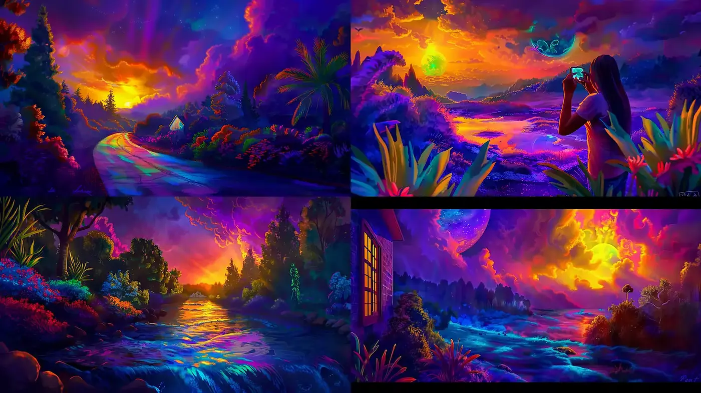 Vibrant Surrealism with Natural Landscapes and Dreamy Atmospheres - Midjourney sref style