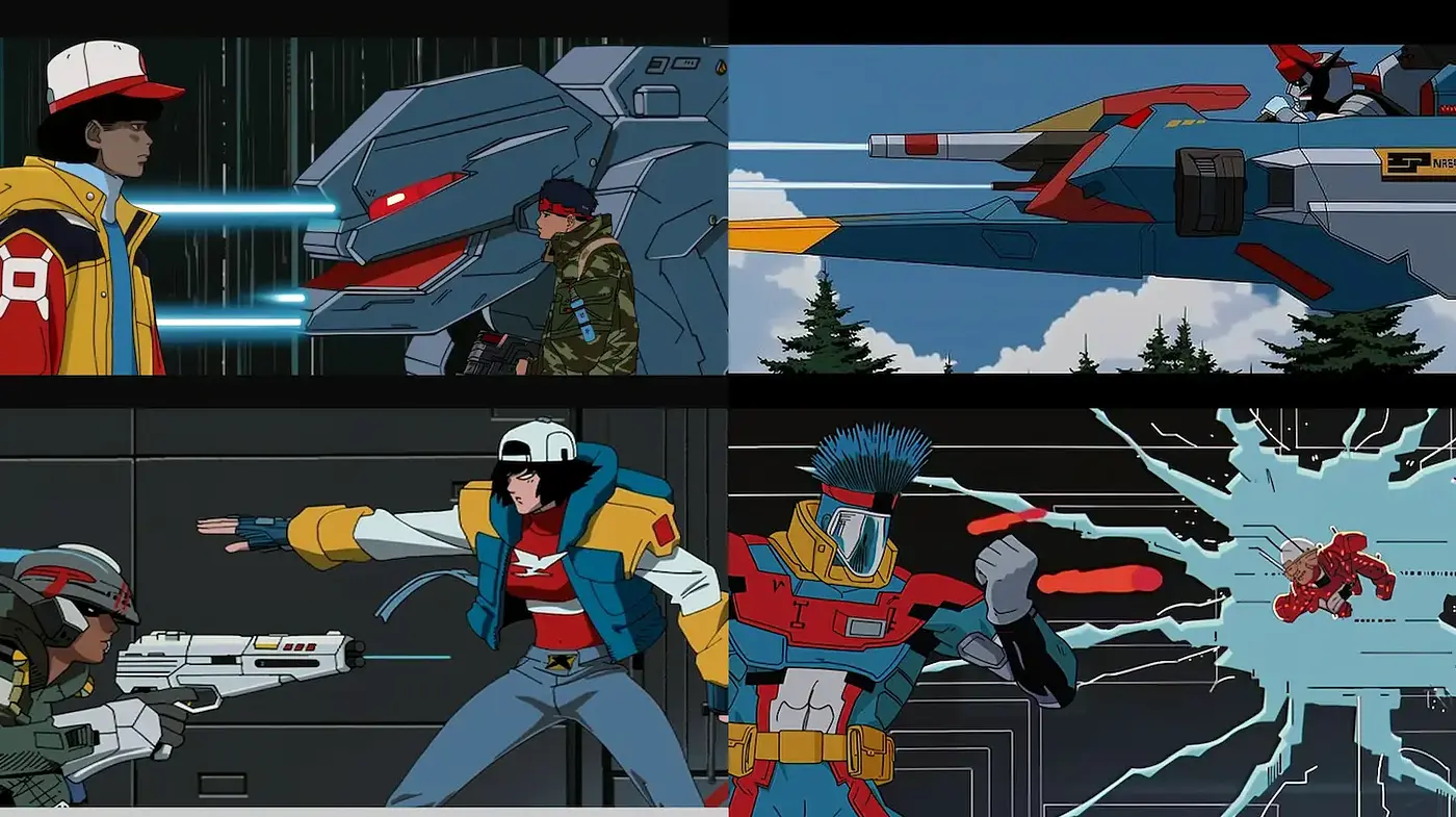 Dynamic and Vibrant Retro-Futuristic Action Scenes with a Layered Aesthetic - Midjourney sref style