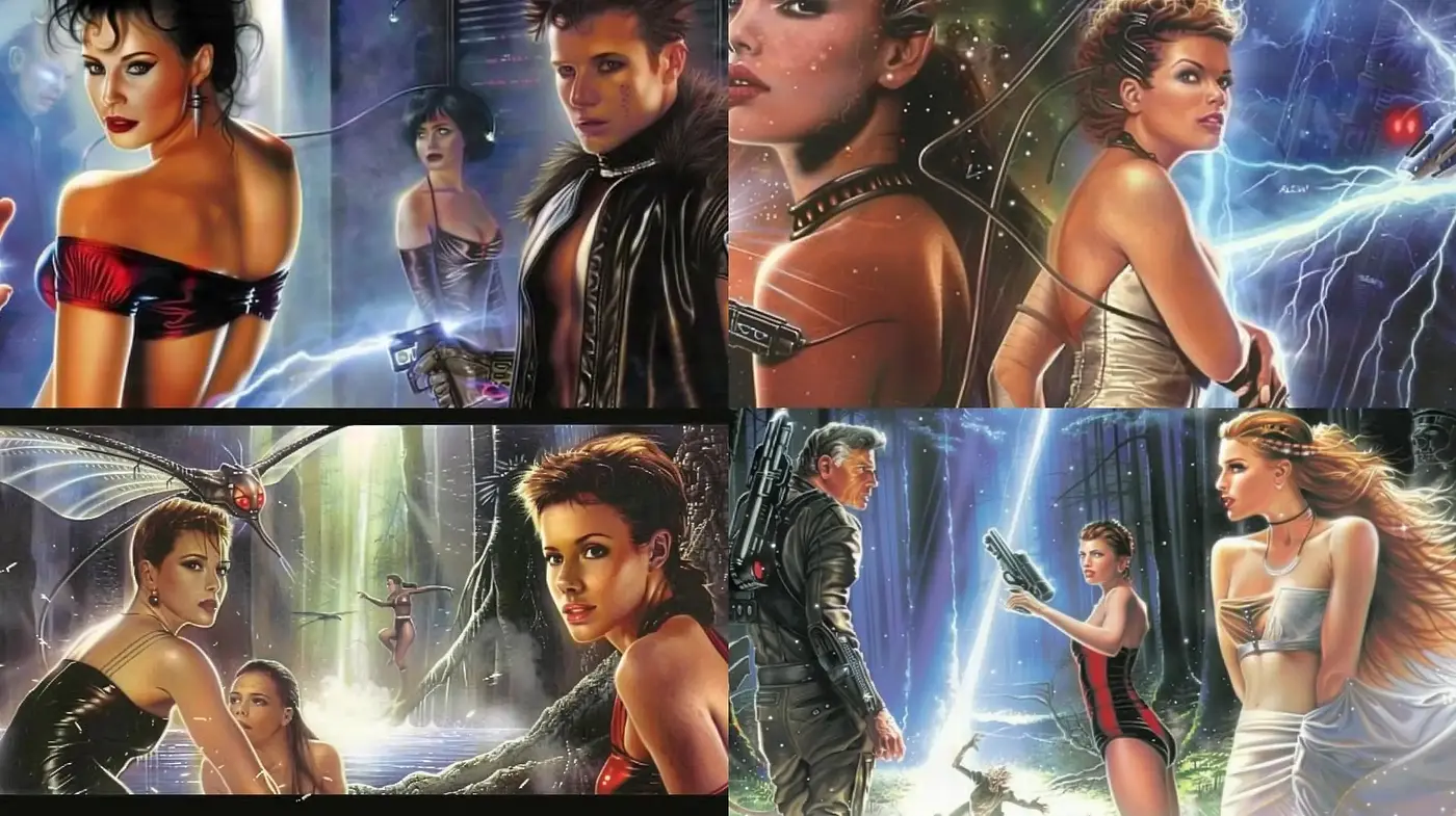 Futuristic Fantasy Pastiche with a Sci-Fi Noir Twist - Midjourney sref style