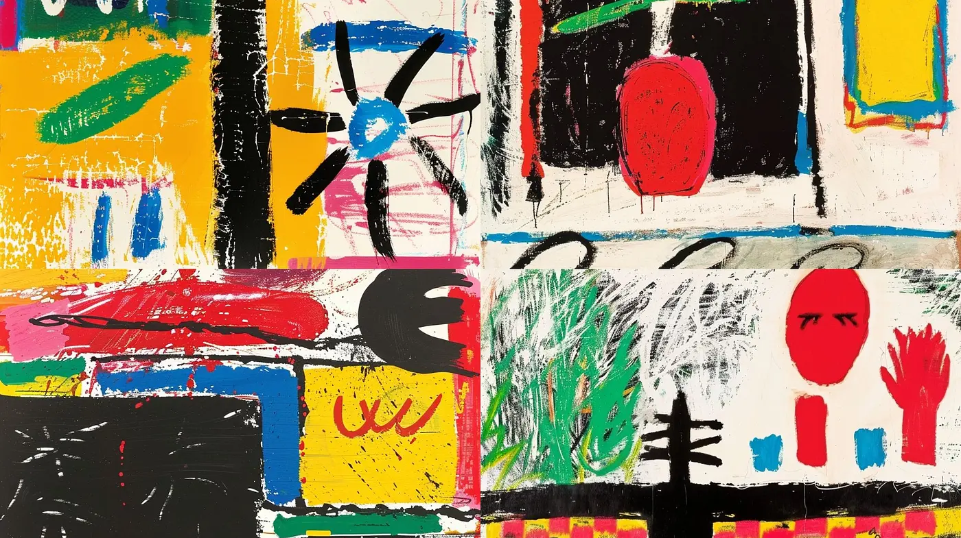 Abstract Expressionist Collage with Vibrant Contrasts and Textural Dynamism - Midjourney sref style