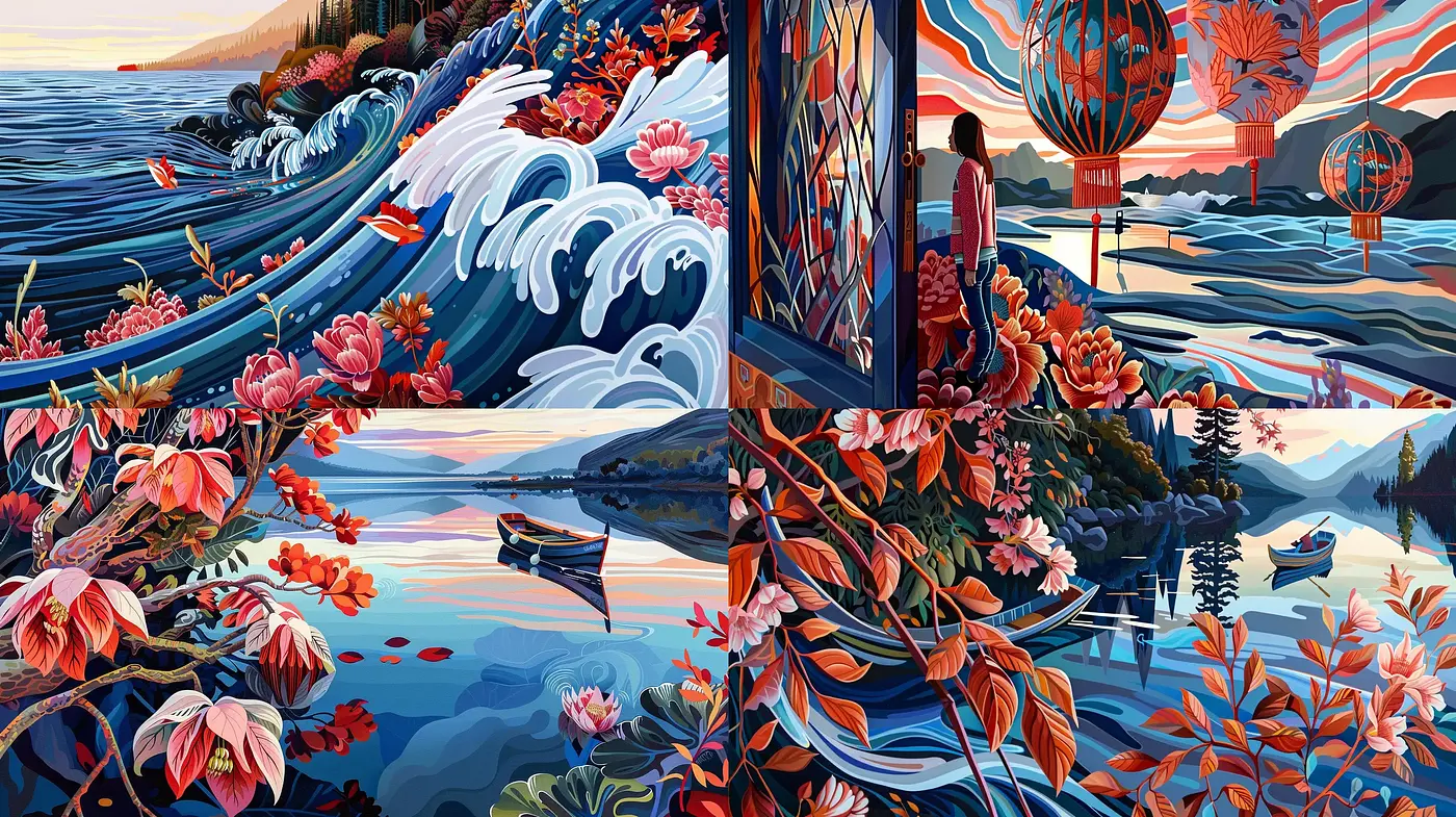 Serene Elegance of Stylized Nature in Vivid Tones - Midjourney sref style
