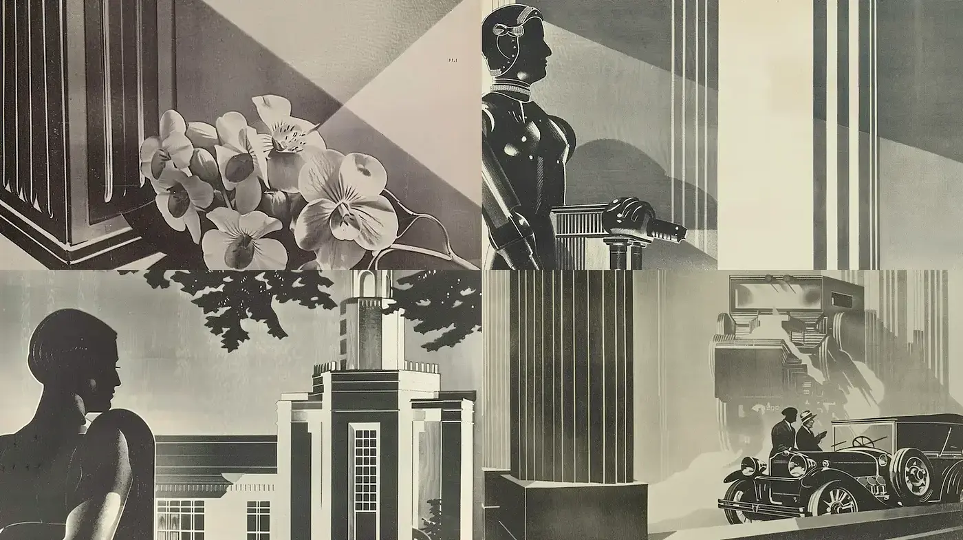 Art Deco Inspired Visuals with Strong Geometric Lines and Monochrome Palette - Midjourney sref style
