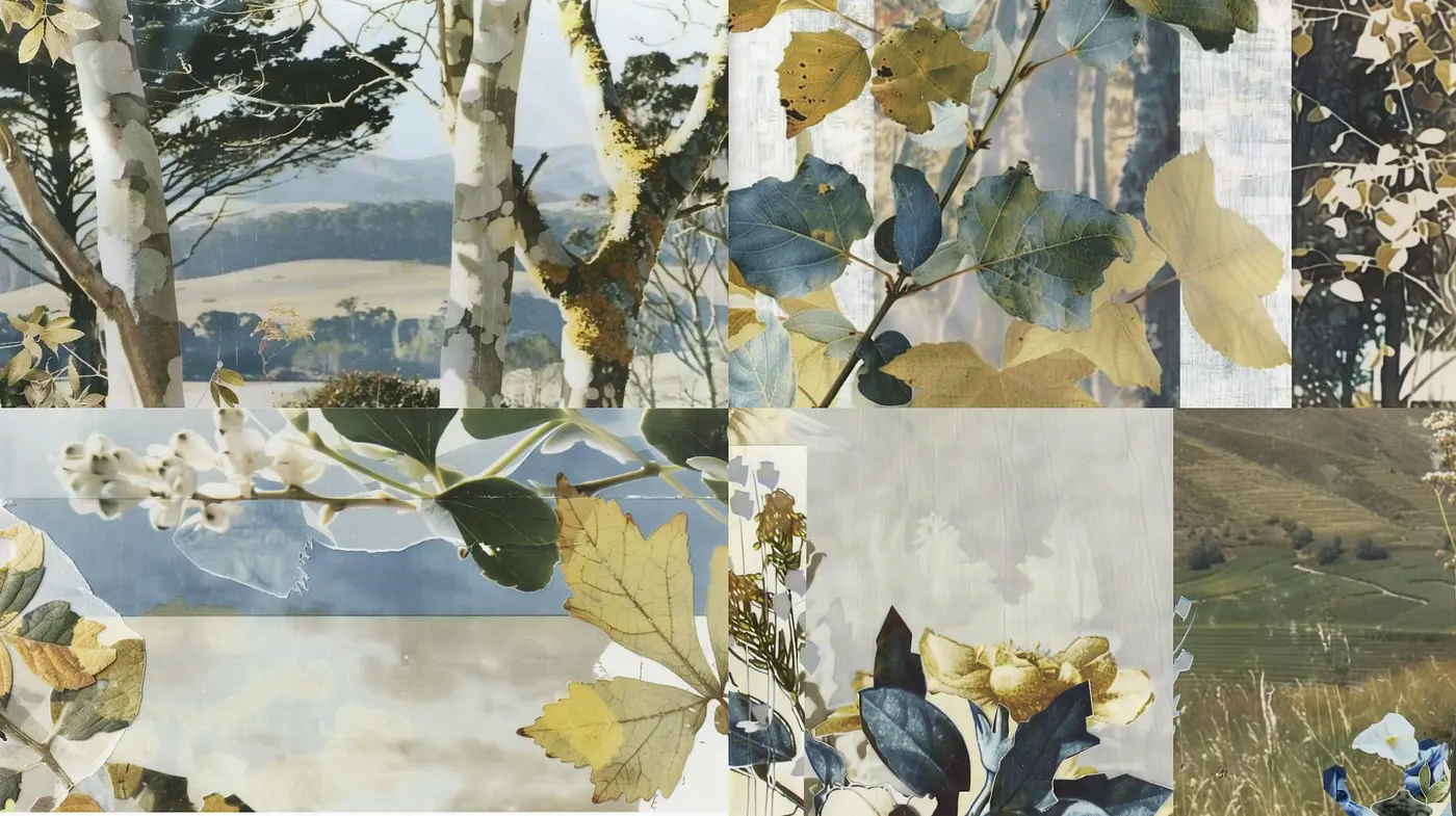 Harmonious Collage of Nature in Pastel and Earthy Hues: A Constant Cohesion of Flora and Landscape - Midjourney sref style