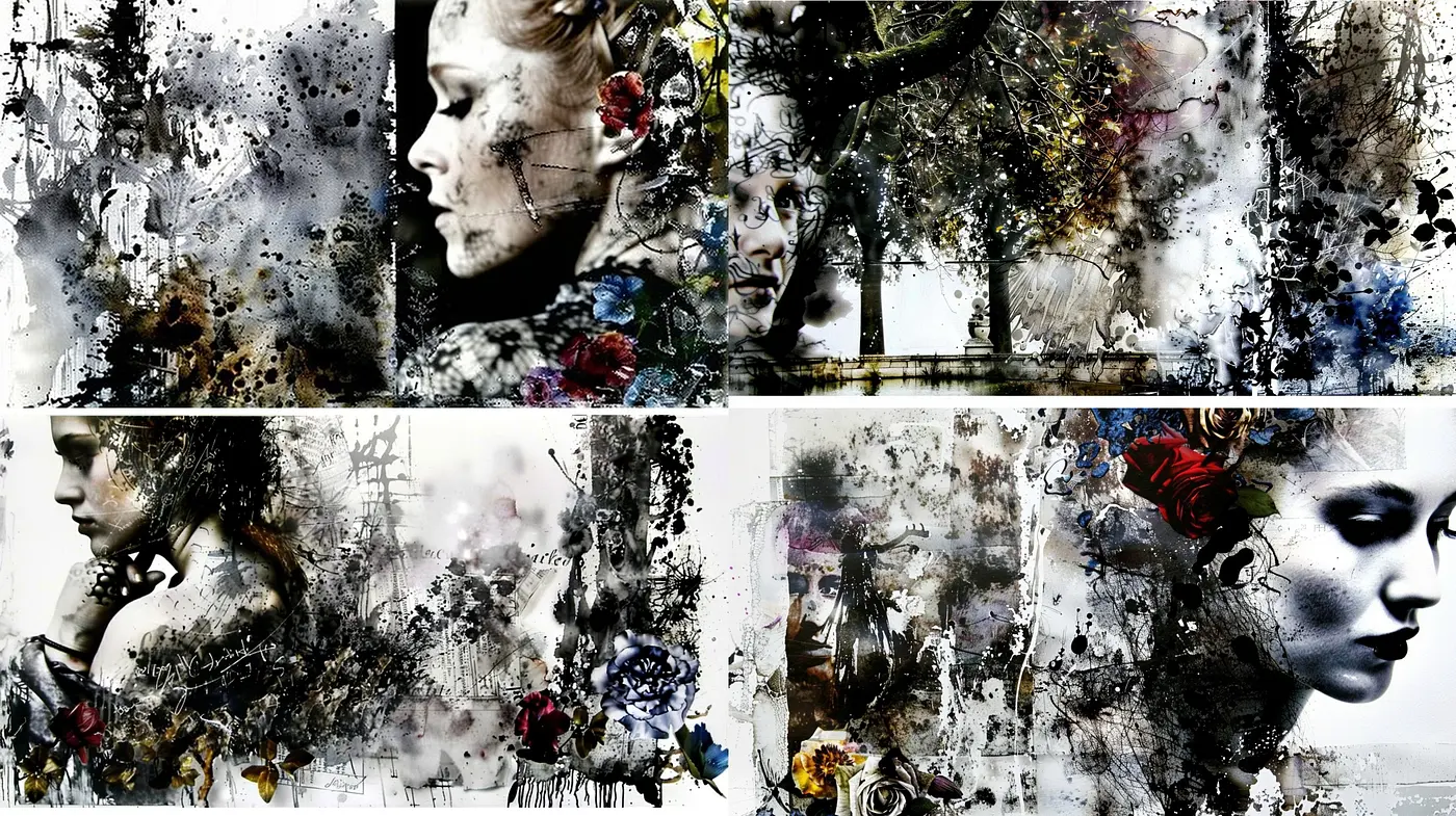 Ethereal Grayscale Dreamscape with Vivid Floral Accents - Midjourney sref style