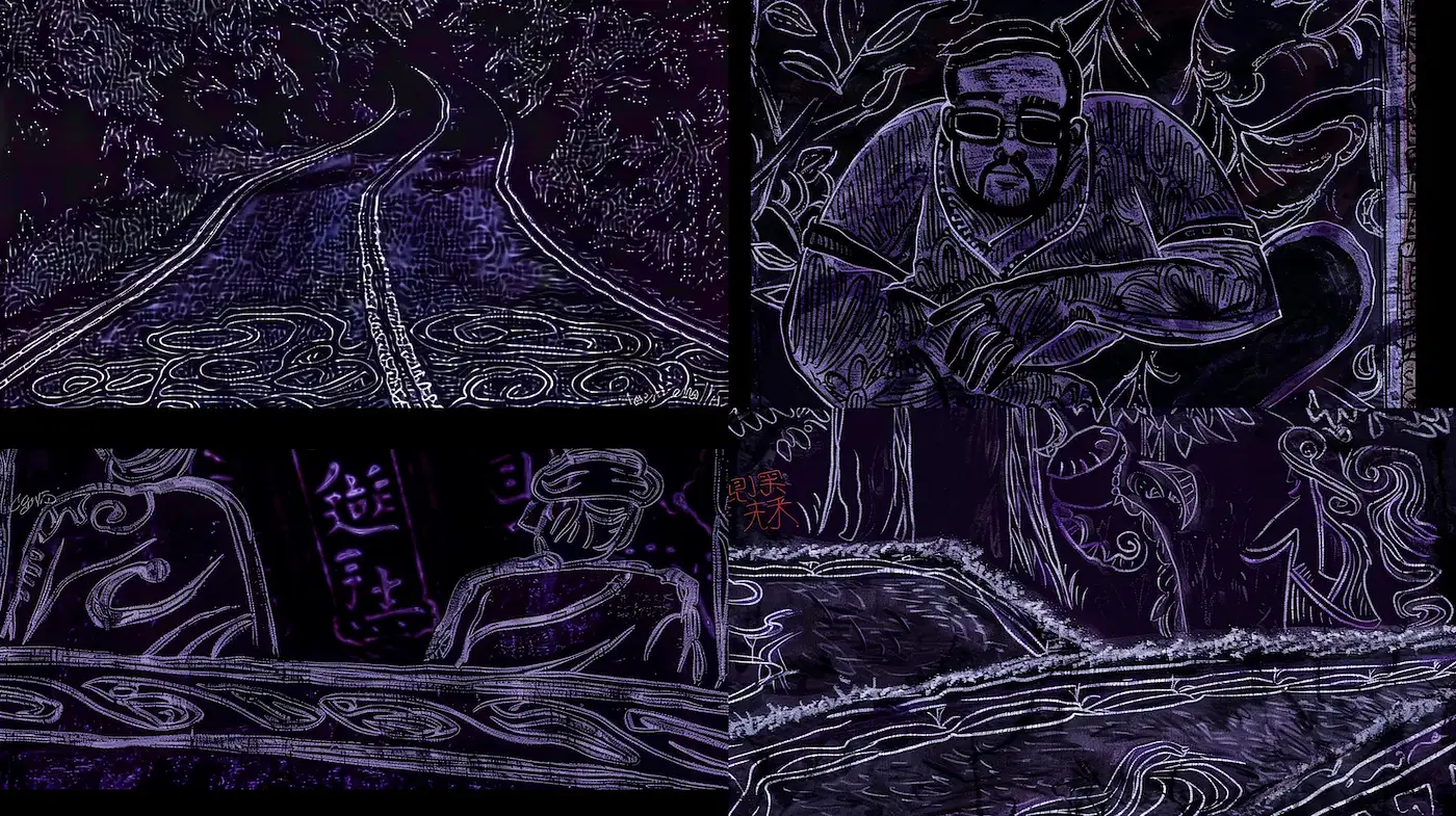 Dark Surrealistic Expressionism with Intricate Line Work and Rich Textures - Midjourney sref style