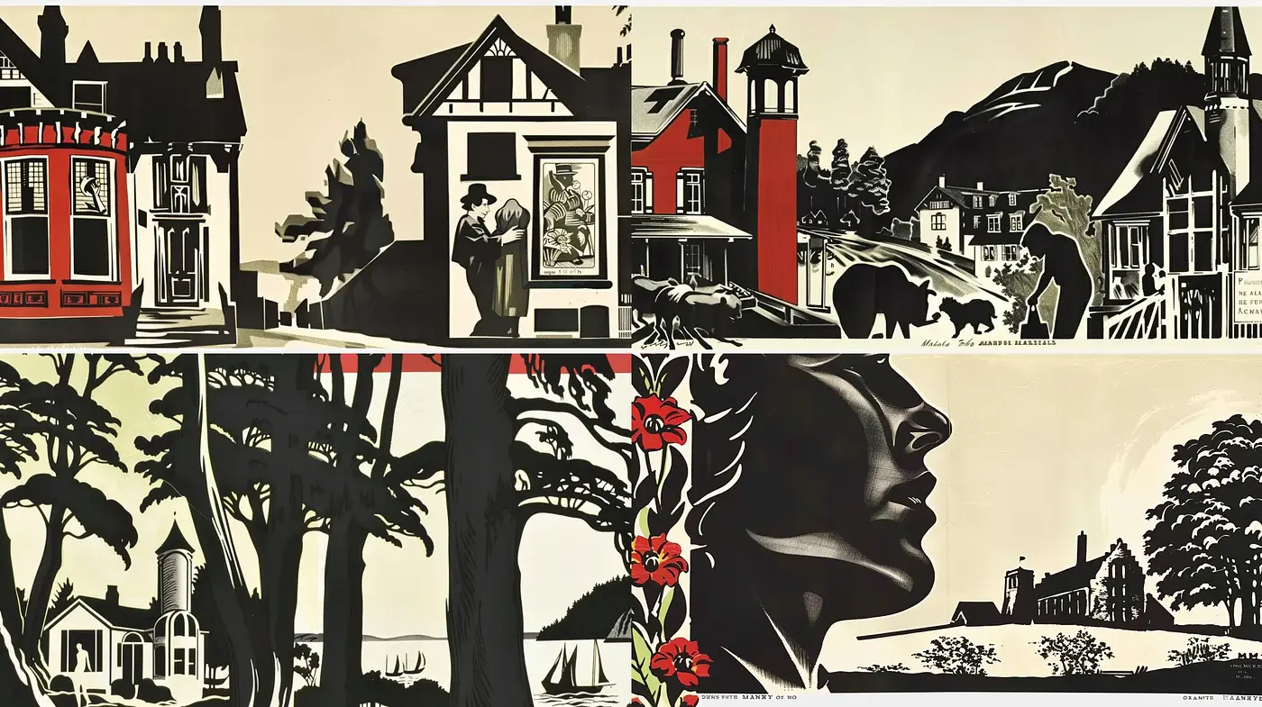 Stylized Monochromatic Nostalgia with Pops of Red - Midjourney sref style