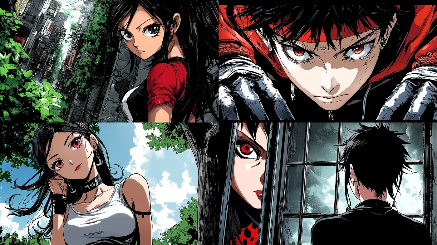Dynamic Manga-Inspired Digital Illustrations with Vivid Contrasts and Expressive Characters - Midjourney sref style