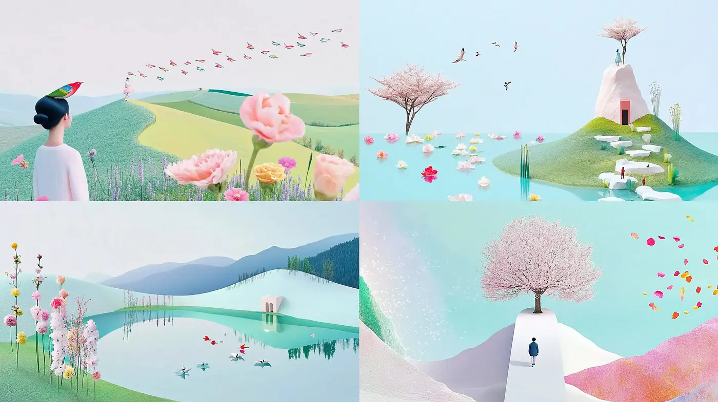Serene Pastel Dreamscape: A Harmony of Soft Hues and Ethereal Landscapes - Midjourney sref style