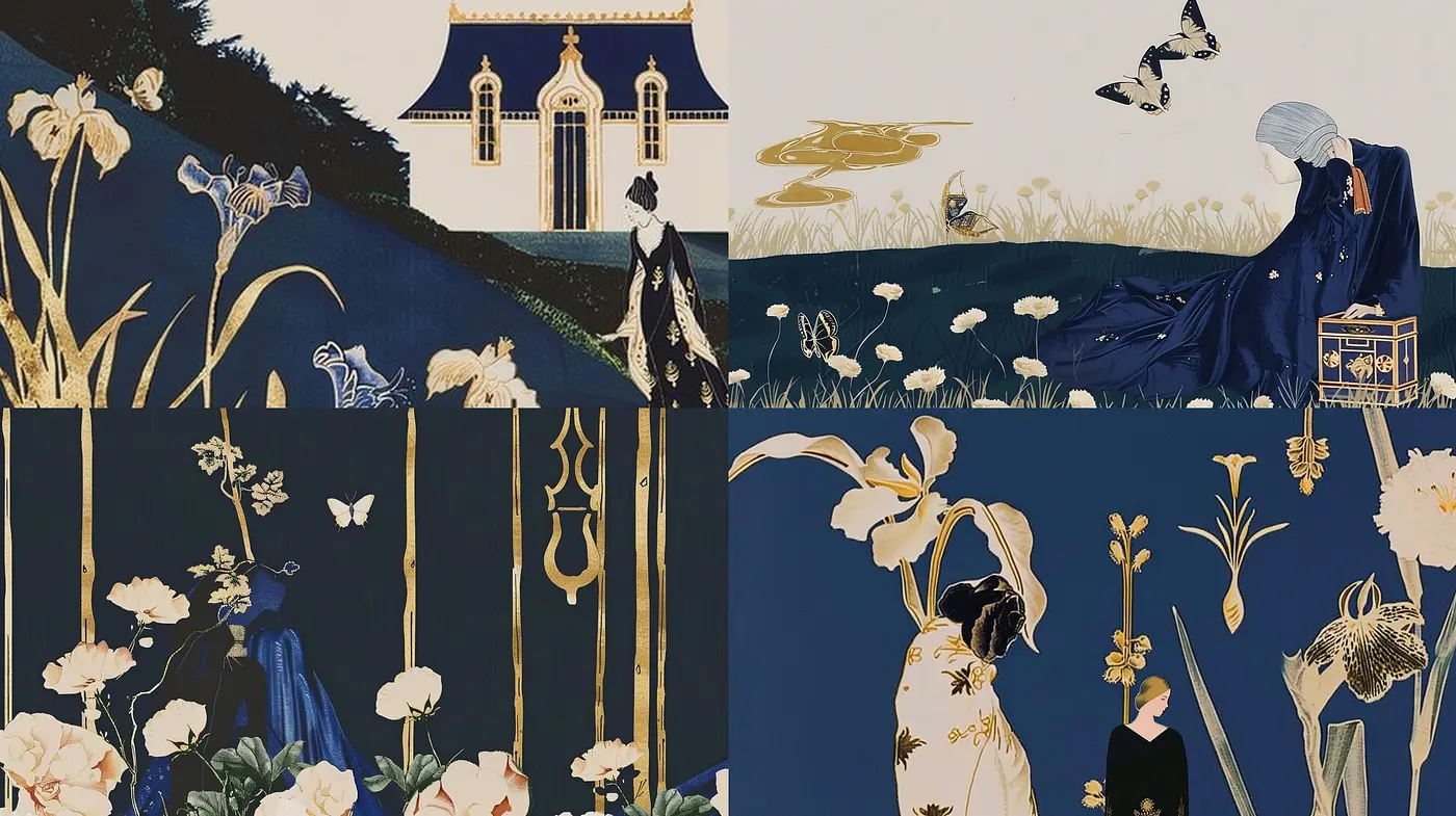 Elegance in Indigo and Gold: A Study of Nature and Serenity in Art - Midjourney sref style