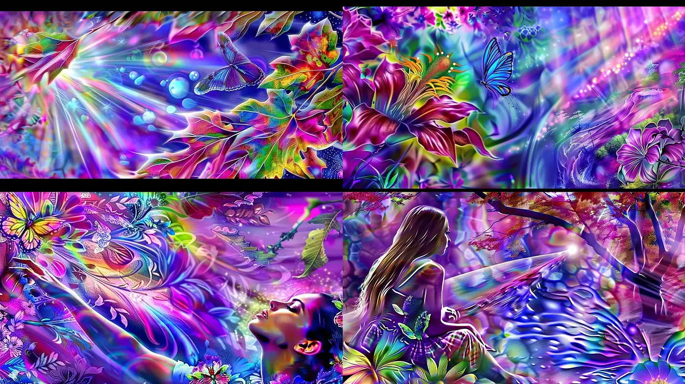 Spectrum of Dreams: A Vivid Psychedelic Dive into Luminous Hypnotic Textures - Midjourney sref style