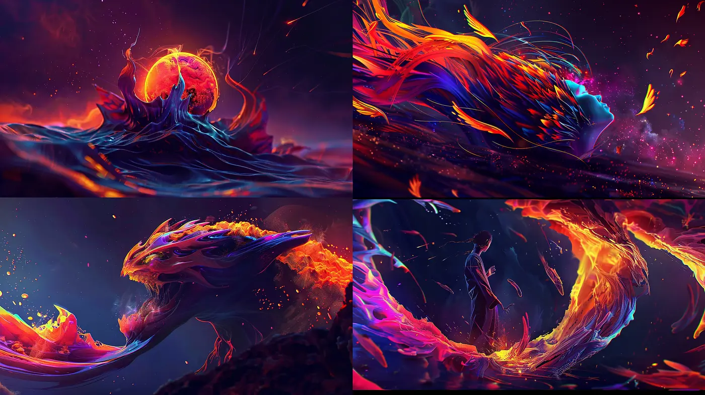 Vivid Dreamscape Synthesis: A Tapestry of Neon and Fire - Midjourney sref style
