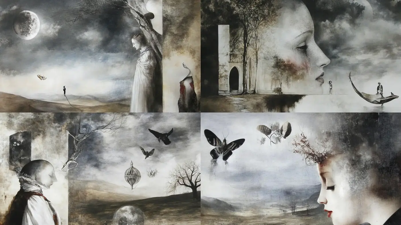 Ethereal Dreamscape: A Dusky Reverie in Sepia Tones - Midjourney sref style