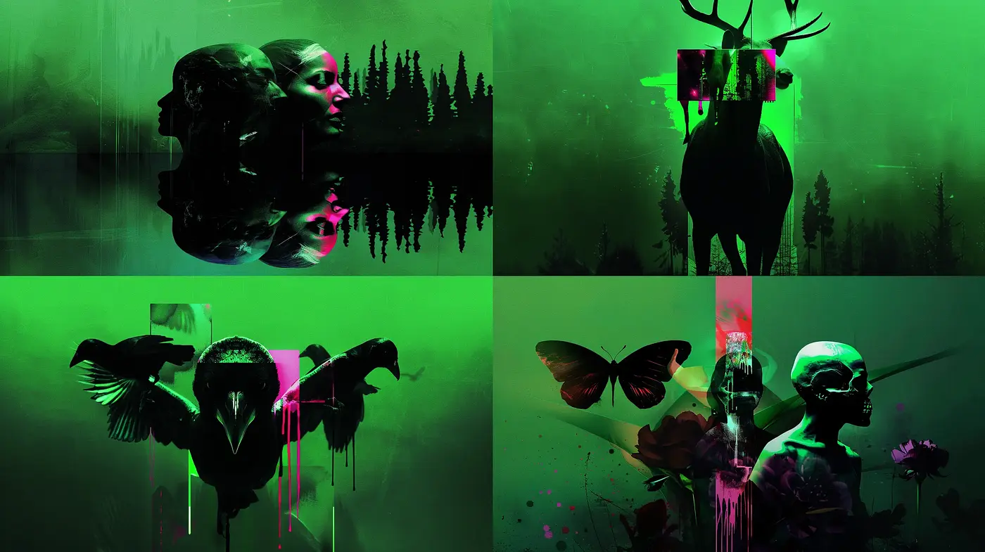 Emerald Shadows and Surreal Contrasts: A Homage to Eerie Tranquility - Midjourney sref style