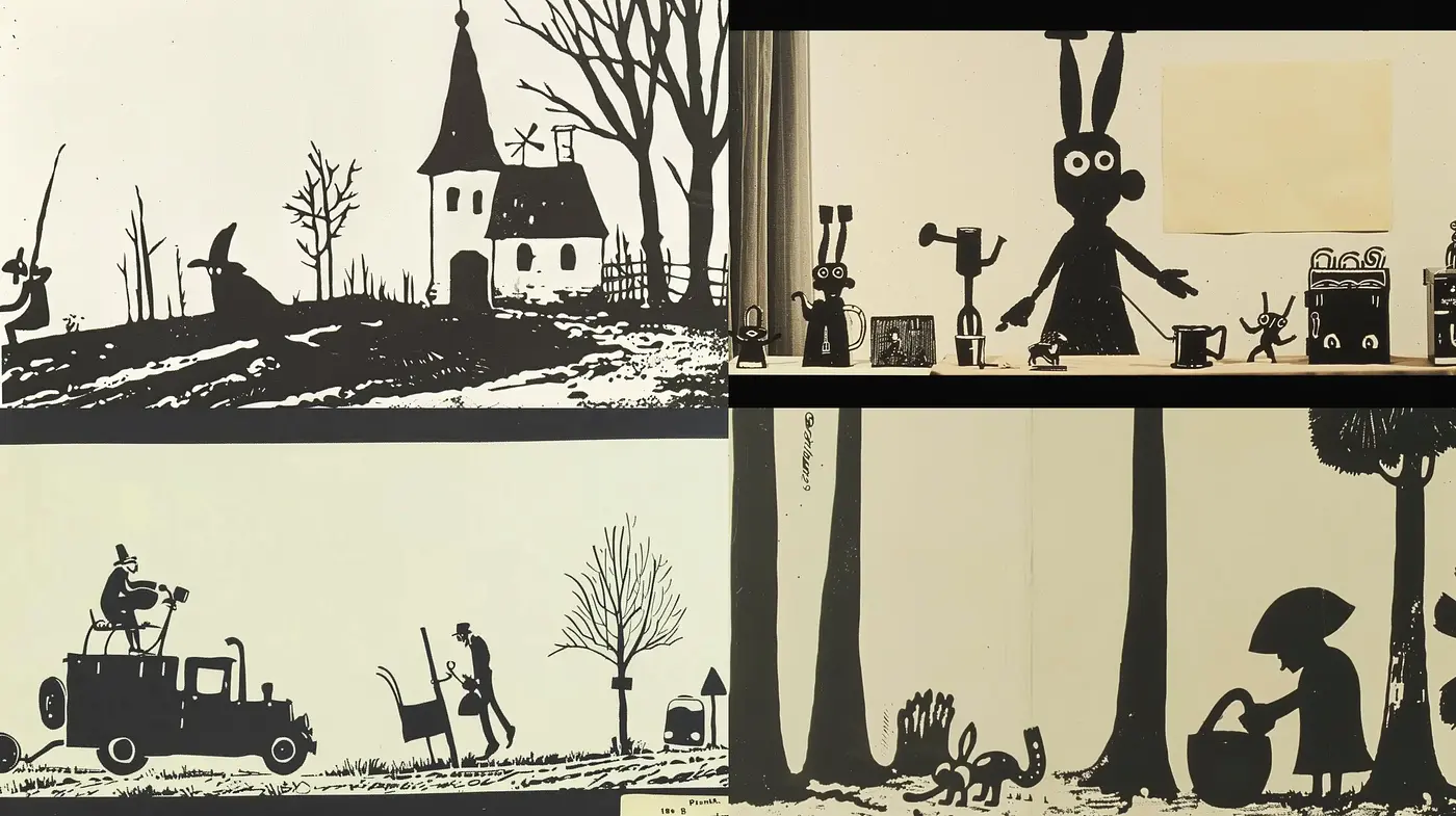 Monochromatic Silhouettes with a Whimsical Storybook Appeal - Midjourney sref style