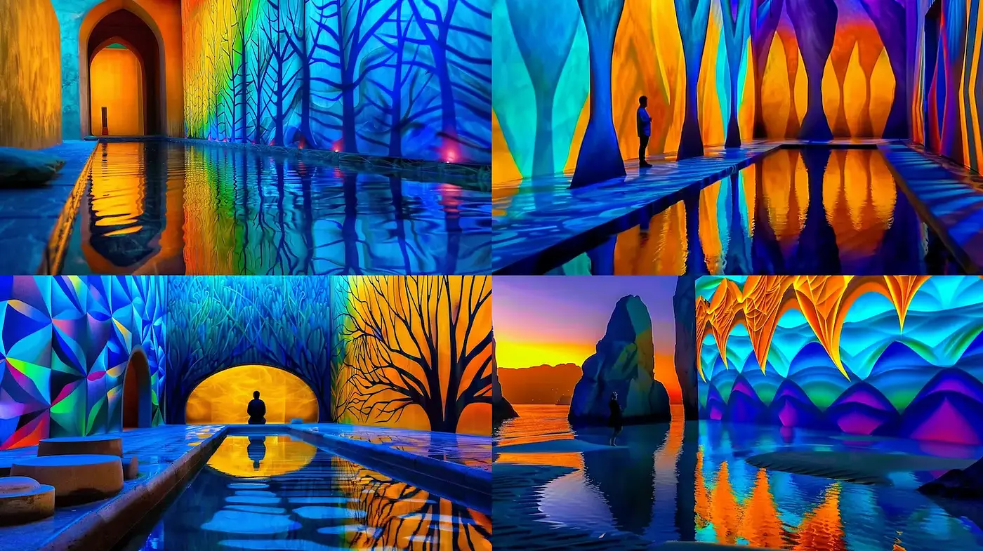Colorful, abstract landscape with ethereal shapes and reflective elements - Midjourney sref style