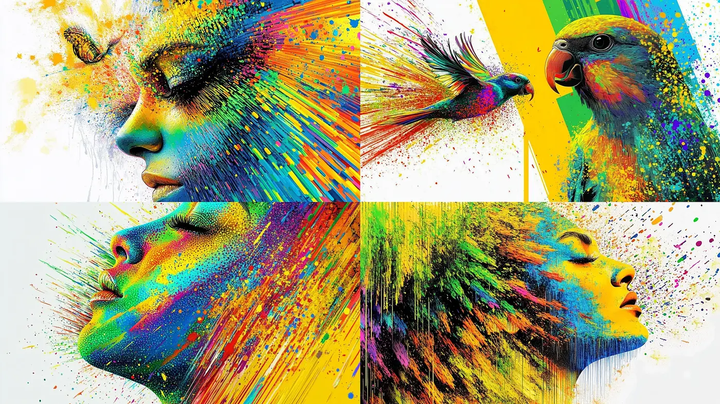 Spectrum Fusion: A Harmony of Vivid Splashes and Ethereal Portraiture - Midjourney sref style