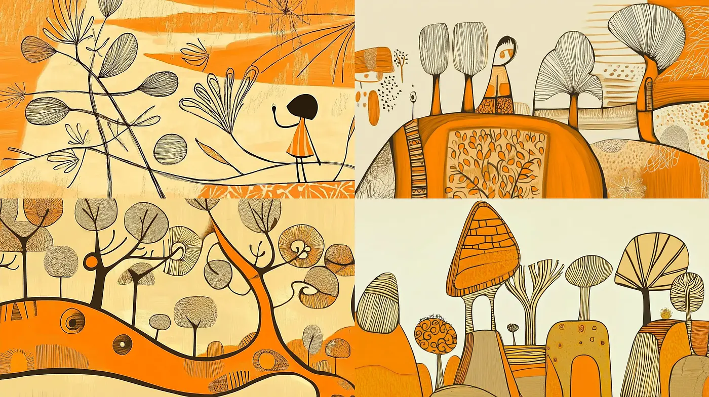 Whimsical Botanical Illustrations with a Warm Retro Color Scheme - Midjourney sref style