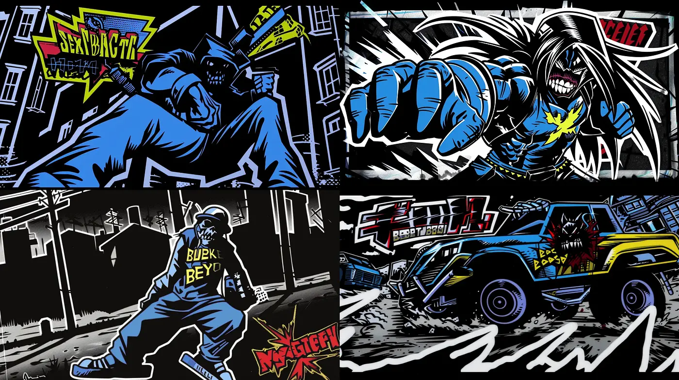 Dynamic Comic Book Frenzy with High-Contrast Neon Overtones - Midjourney sref style