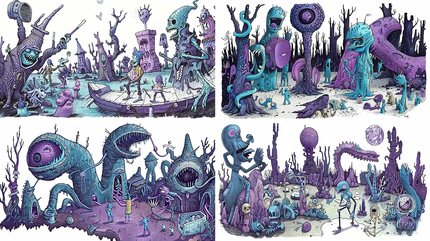 Surreal Lavender Dreamscape with Whimsical Monstrosities - Midjourney sref style